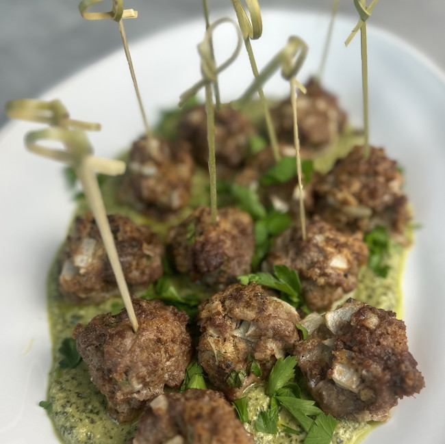 Image of ultimate pork + beef meatballs with tangy yogurt 