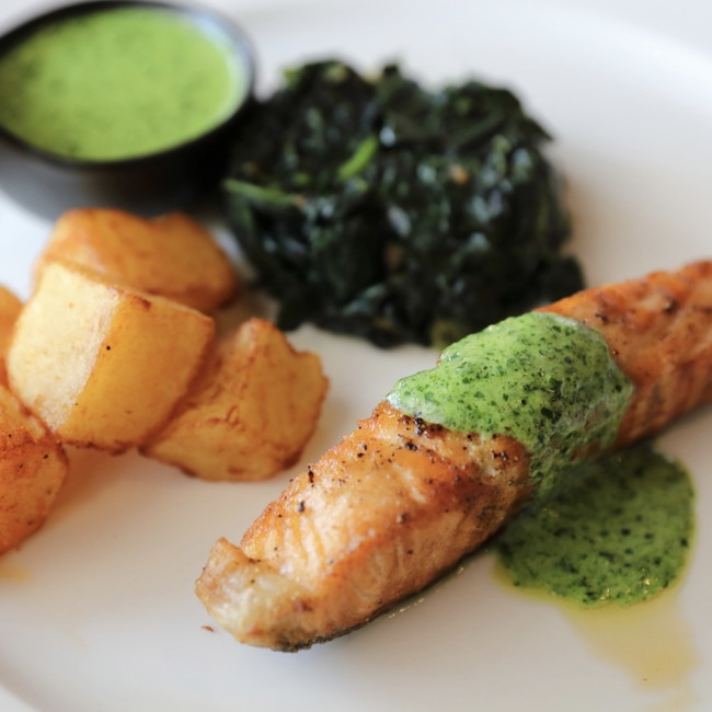 Image of salmon with garlic scape pesto