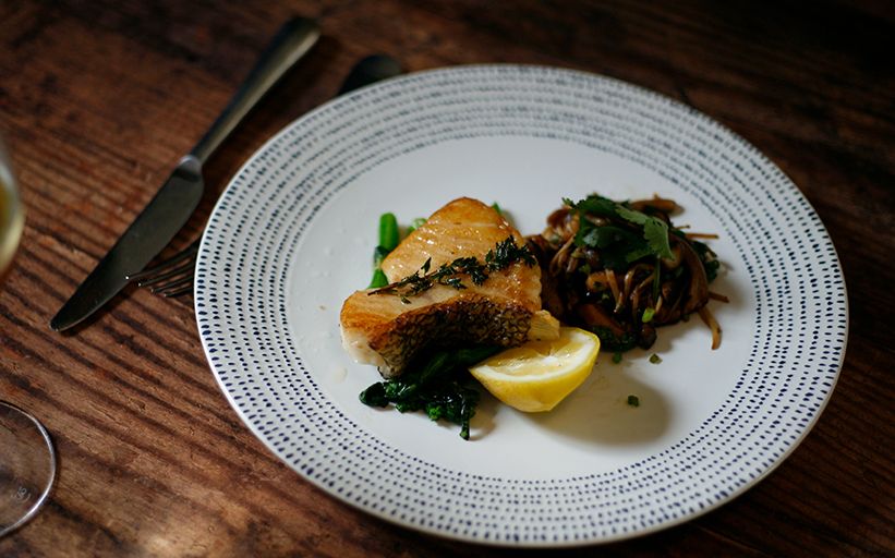 Chilean Sea Bass with Fried Choy Sum and Mushroom Salad
