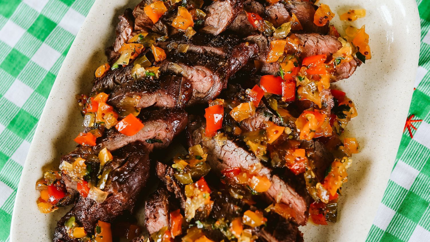 Image of Grilled Bison Hanger Steak with Sweet and Sour Pepper Relish