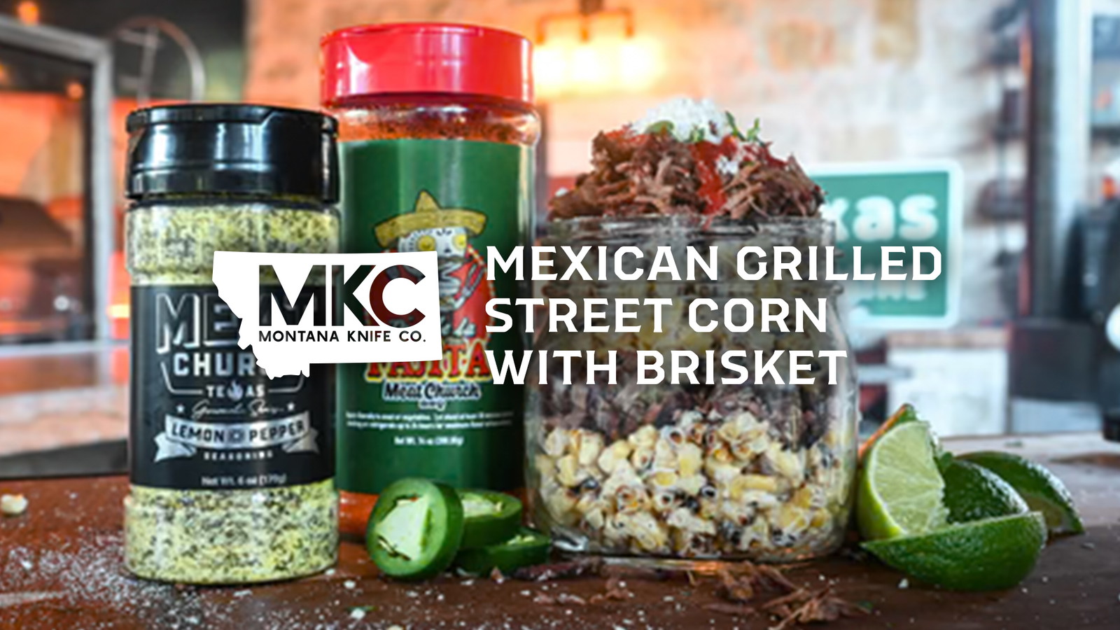 Brisket seasoning beside Mexican street corn with cotija, jalapenos, and lime, suggesting the corn is flavored with it.