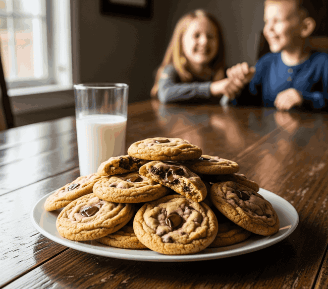 chewy and organic chocolate chip cookies with a glass of organic whole milk powder