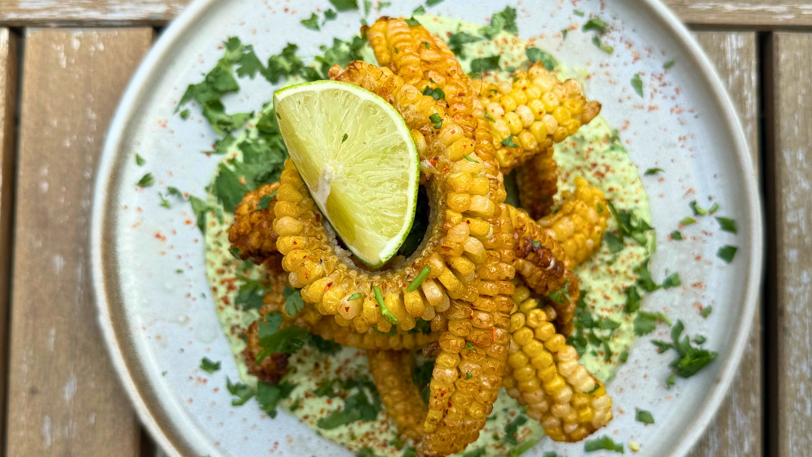 Image of Smoked and Fried Corn Ribs with Charred Poblano Crema