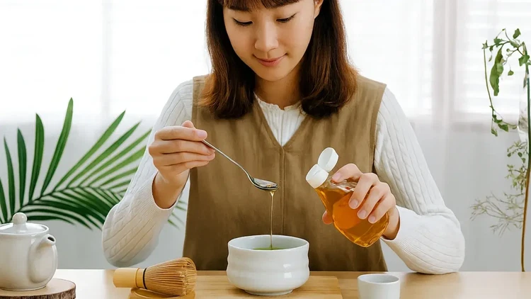 Image of Add 1 teaspoon of your favorite sweetener to the matcha mixture and stir until fully dissolved. This helps enhance the natural flavor of the matcha without overpowering it, giving you how to make good matcha latte results every time.