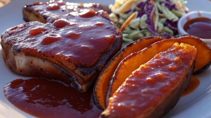 Pork chop glazed with peach barbecue sauce on a white plate with a baked sweet potato and purple-cabbage coleslaw