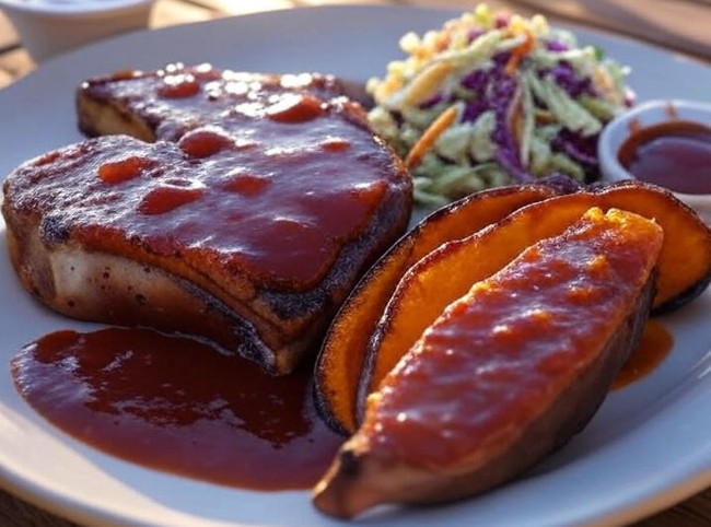 Pork chop glazed with peach barbecue sauce on a white plate with a baked sweet potato and purple-cabbage coleslaw