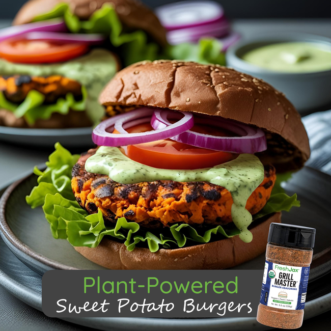 Image of Plant-Powered Sweet Potato Burgers with Cajun Avocado Ranch