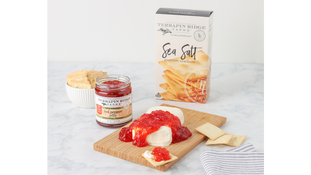 Image of Red Pepper Jelly Cream Cheese Spread with Sea Salt Crackers