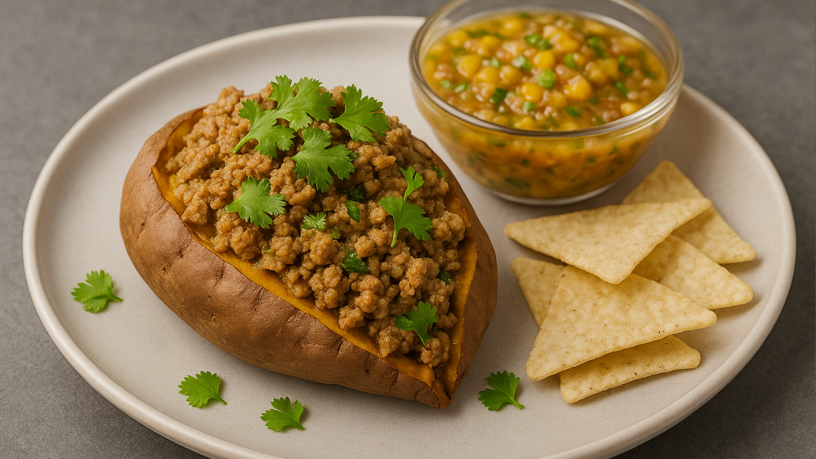 Baked sweet potato topped with pork sloppy joes and garnished with cilantro, served with a clear glass bowl of homemade peach salsa and light-colored tortilla chips on the side