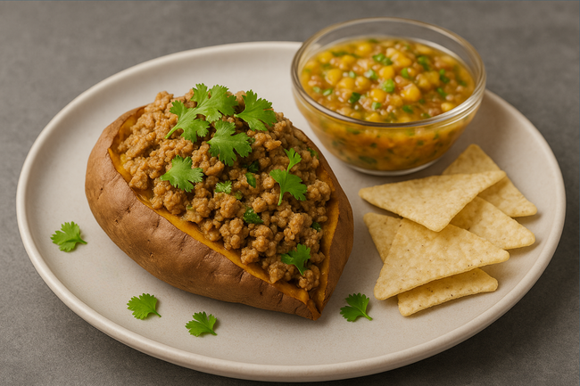 Baked sweet potato topped with pork sloppy joes and garnished with cilantro, served with a clear glass bowl of homemade peach salsa and light-colored tortilla chips on the side