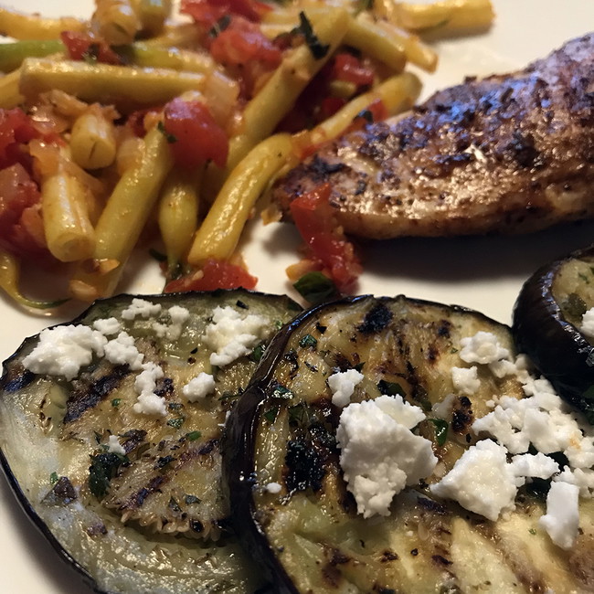 Image of Yellow Beans with Tomatoes and Grilled Eggplant with Feta