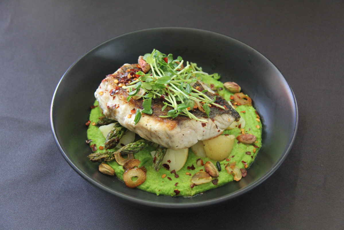 Crispy-Skinned Barramundi with Pea Puree and Vegetables