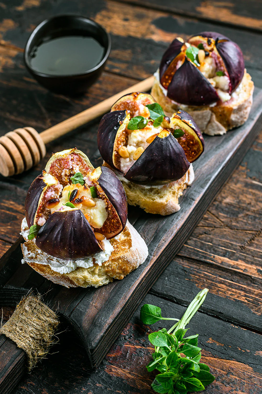 Roasted fig, cream cheese, and honey toasts