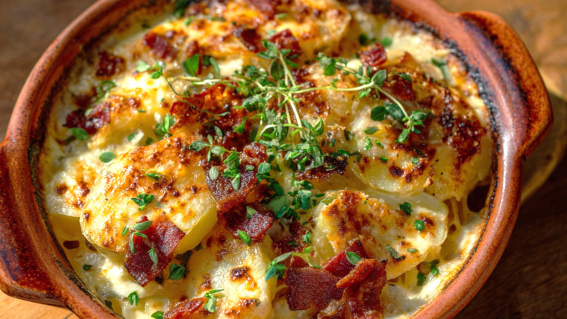 Überbackener Chicorée mit Kartoffeln, veganem Bacon und goldbrauner Käsekruste in einer Auflaufform