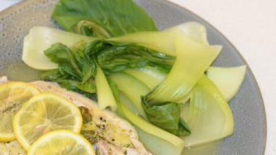 Baked Fish with Steamed Bok Choy and Chimichurri Sauce