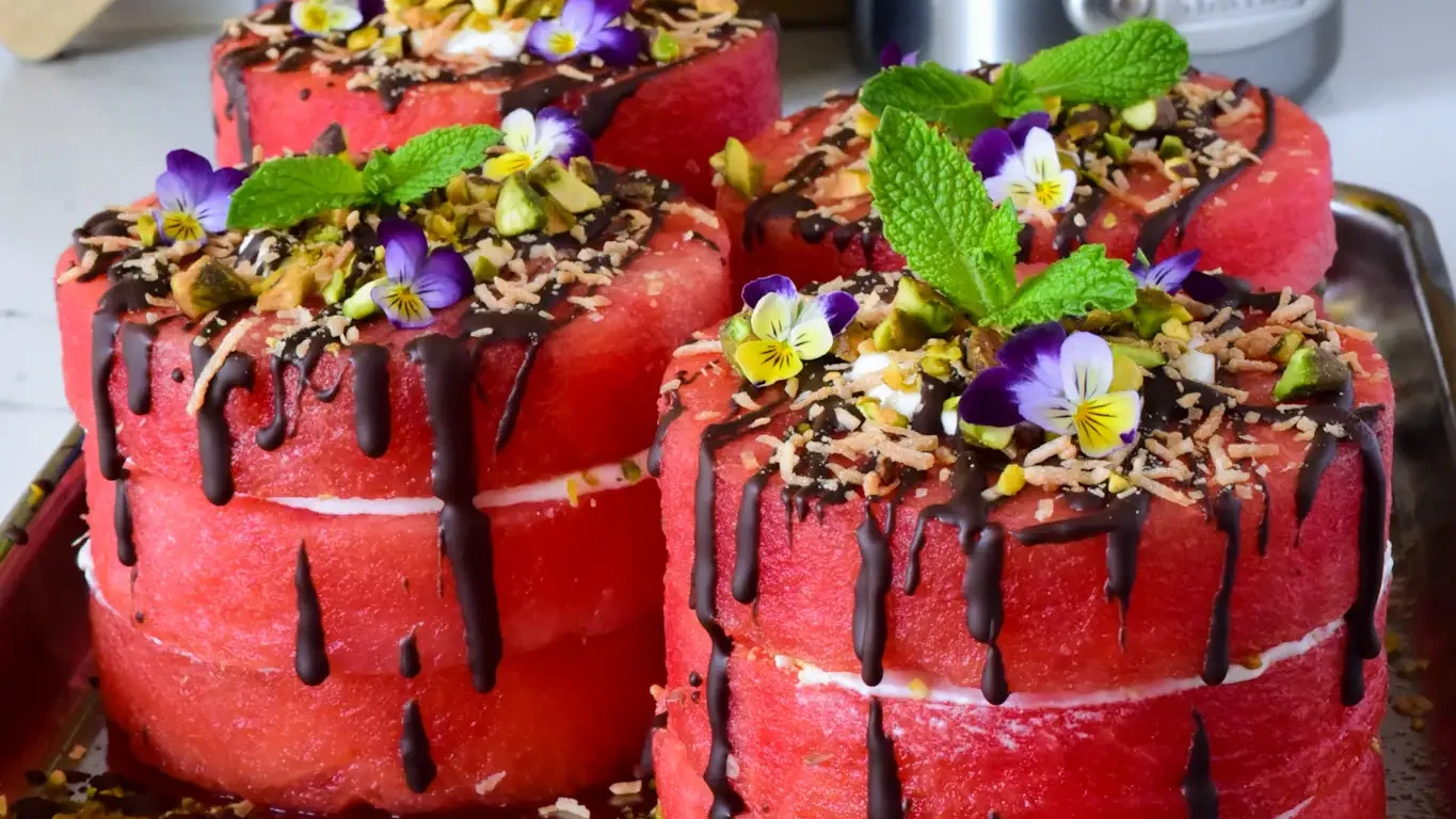 Image of Mini Watermelon Cakes with Coconut, Chocolate & Pistachios
