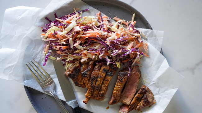 Steak with home made spice rub and coleslaw