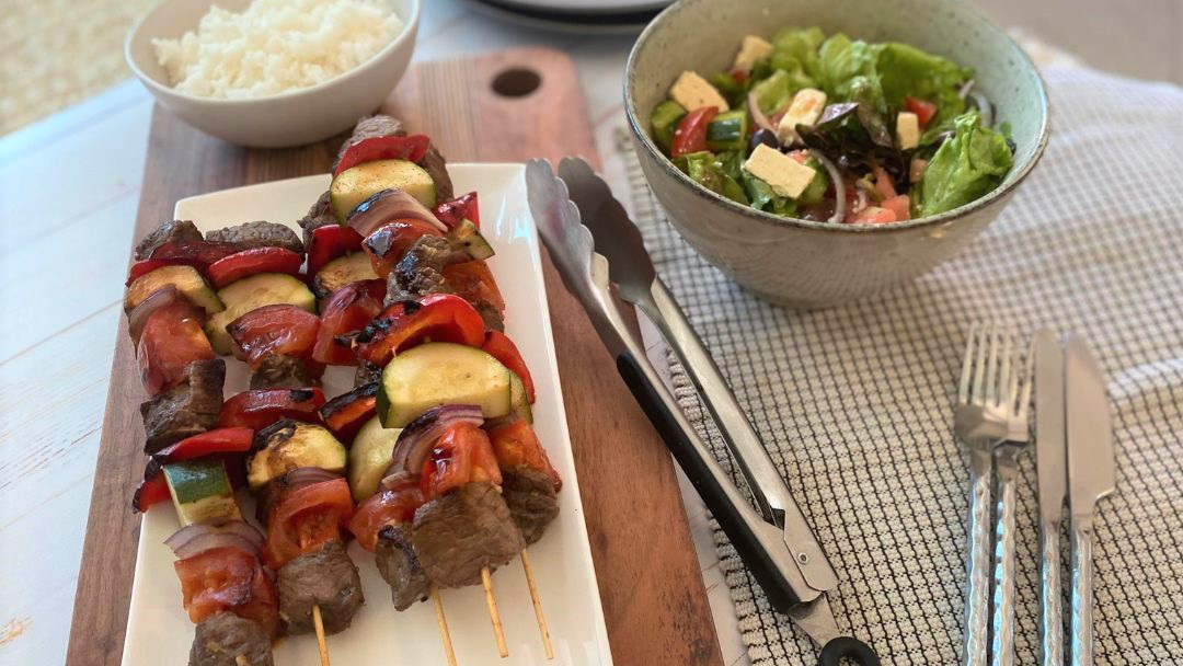 Steak Kebabs with Greek Salad