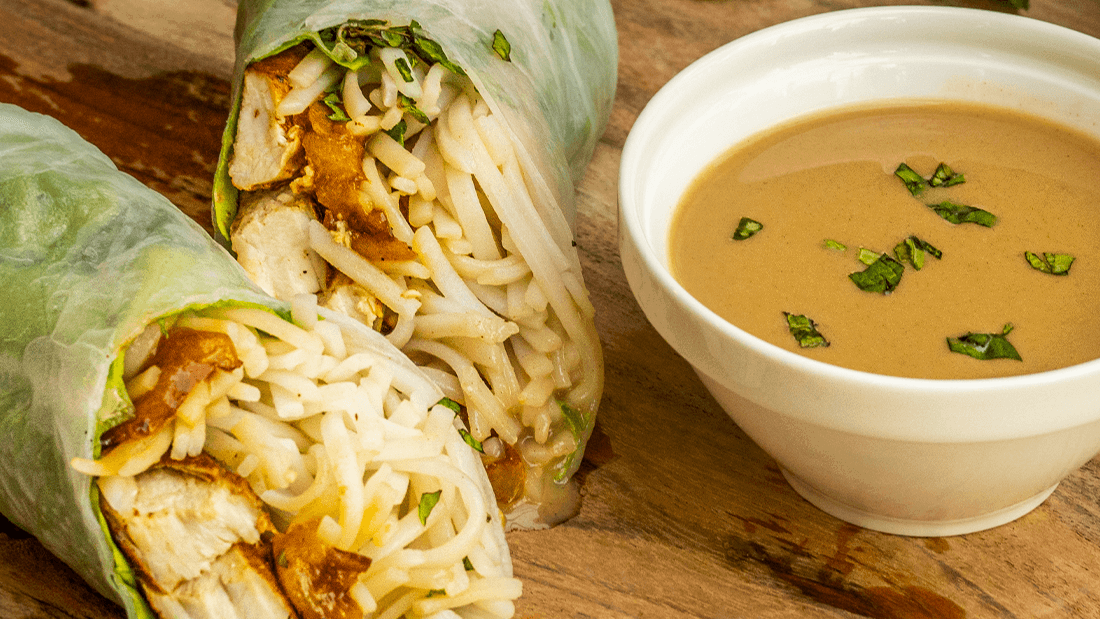 Image of Chicken and Peaches Spring Rolls with Balsamic Dressing Recipe