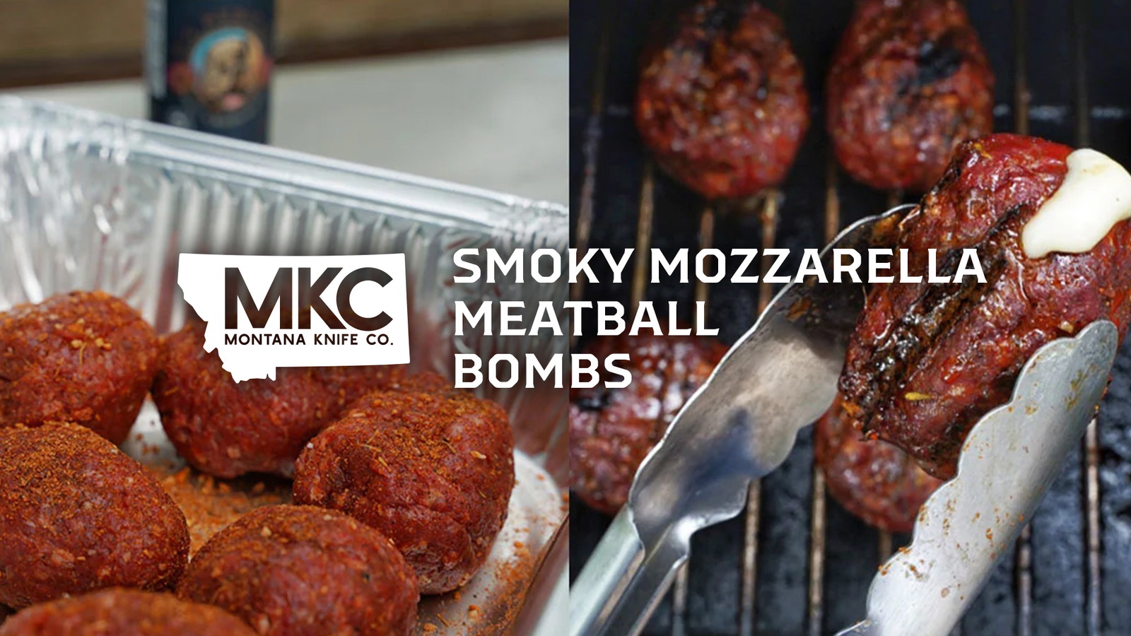 Split image of raw, seasoned mozzarella meatball bombs in pan and grilled batch with one lifted, cheese oozing out.