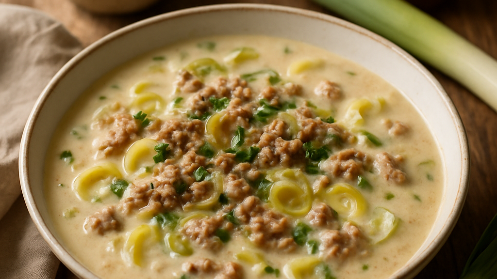 Image of Hackfleisch Lauch Suppe (30 Min) | Herzhaftes Rezept