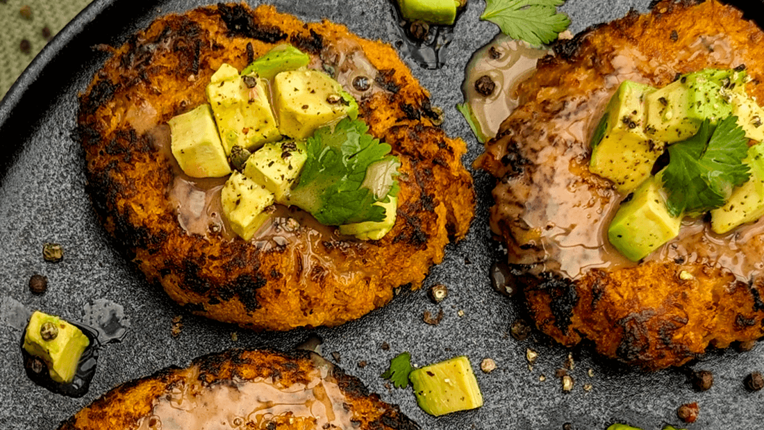 Image of Stuffed Sweet Potato Patties with Avocado and Balsamic Dressing Recipe