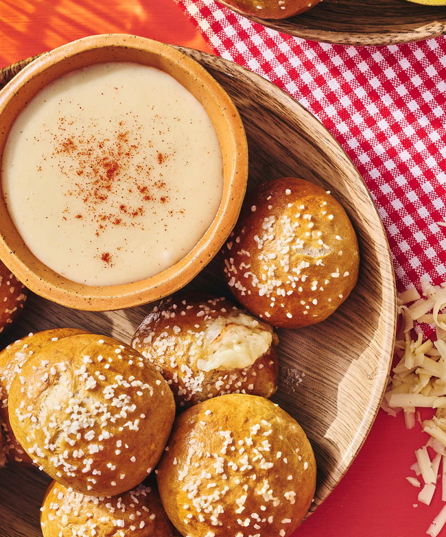 Image of Cheddar Stuffed Pretzel Bites with Cheddar Beer Sauce