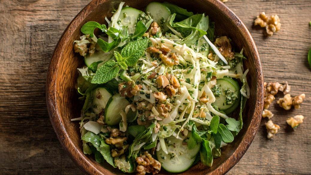 Frischer Superfood-Salat mit Spitzkohl, Gurke, Spinat-Basilikum-Dressing und knackigen Walnüssen in einer Schüssel serviert