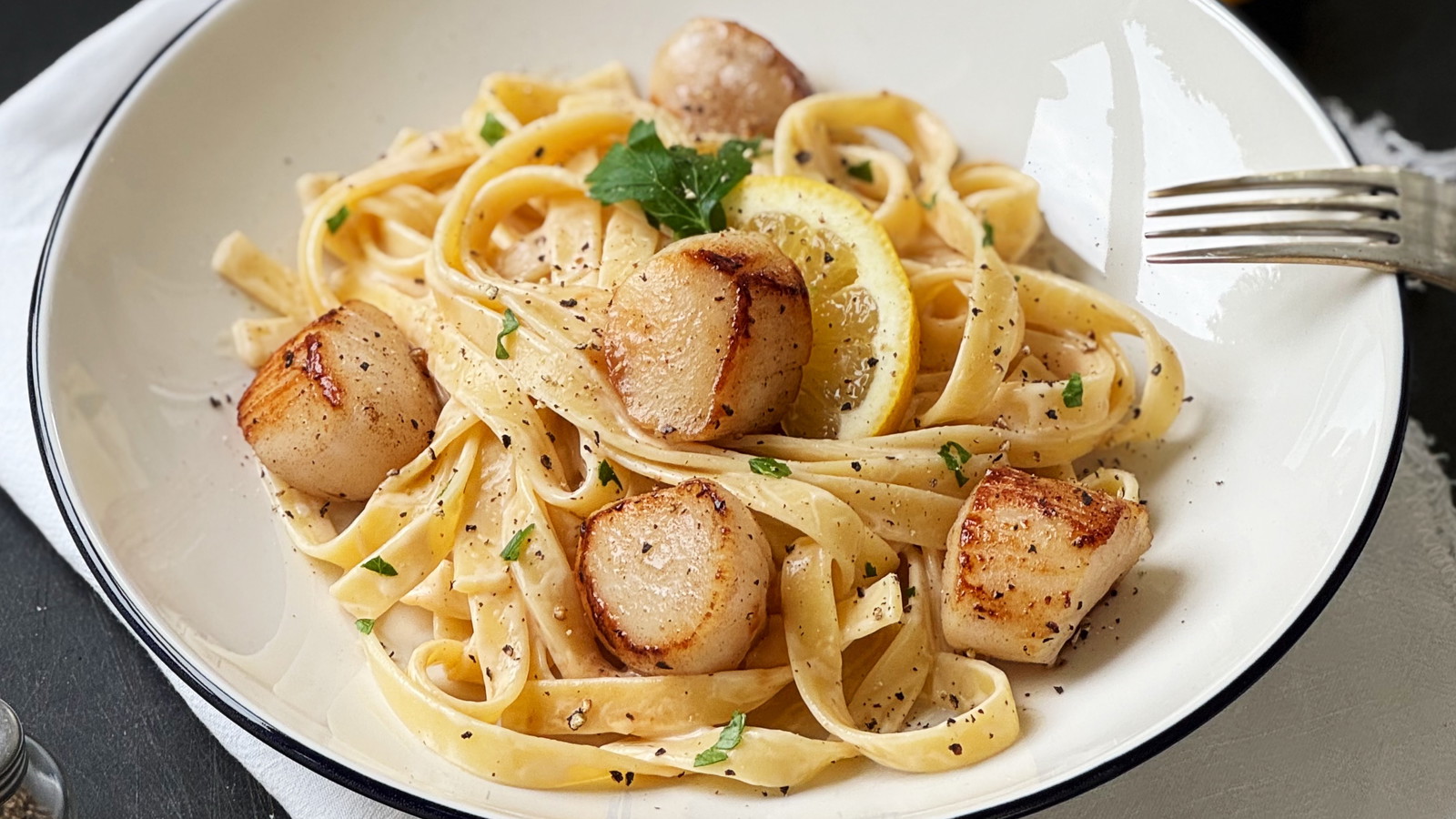 Image of Creamy Alfredo Pasta with Seared Scallops