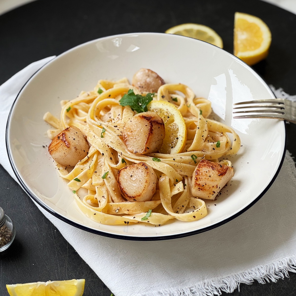 Seared Scallops with Creamy Alfredo Pasta