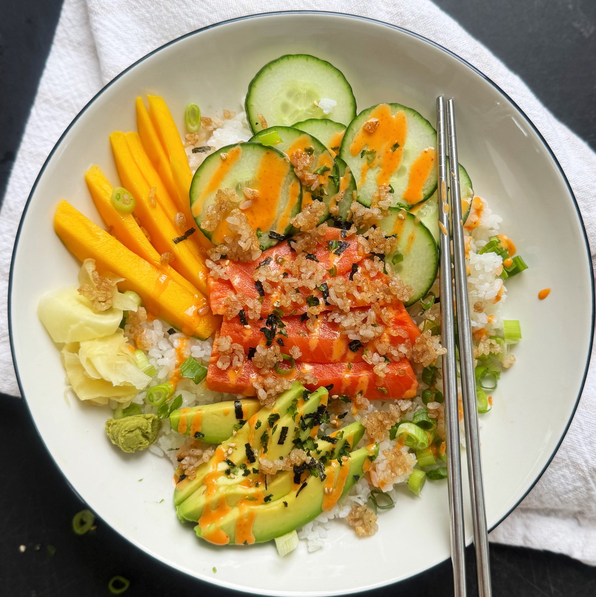 Salmon Sashimi Bowl with Crispy Sushi Rice
