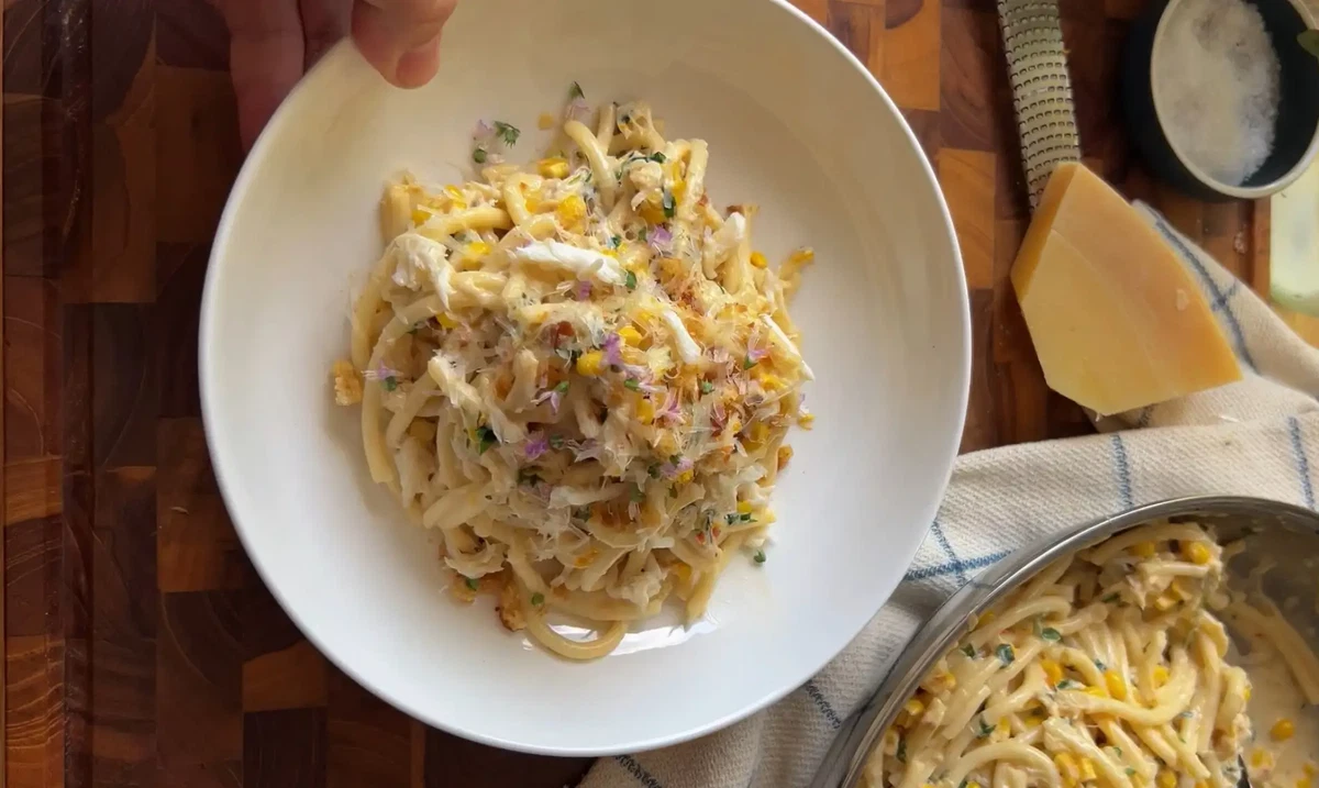 Creamy Marry Me Crab & Sweet Corn Bucatini with Meyer Lemon and Basil Blossoms