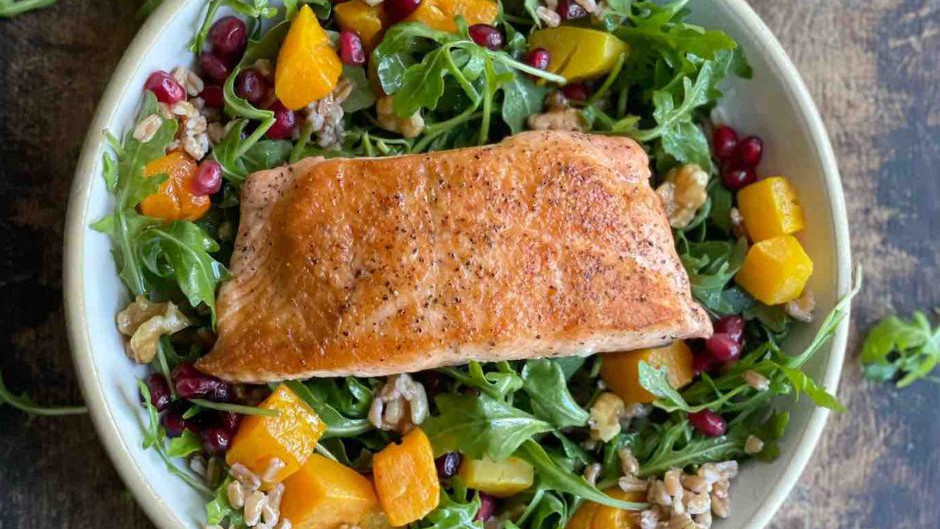 Image of Salmon Brain Power Salad with Farro, Squash, and Pomegranate