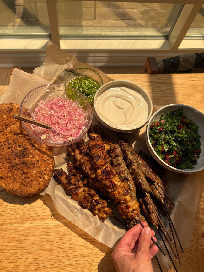 Image of Kebab Party with a Cherry Herb Salad, Quick Pickled Shallots, and Chili Oil