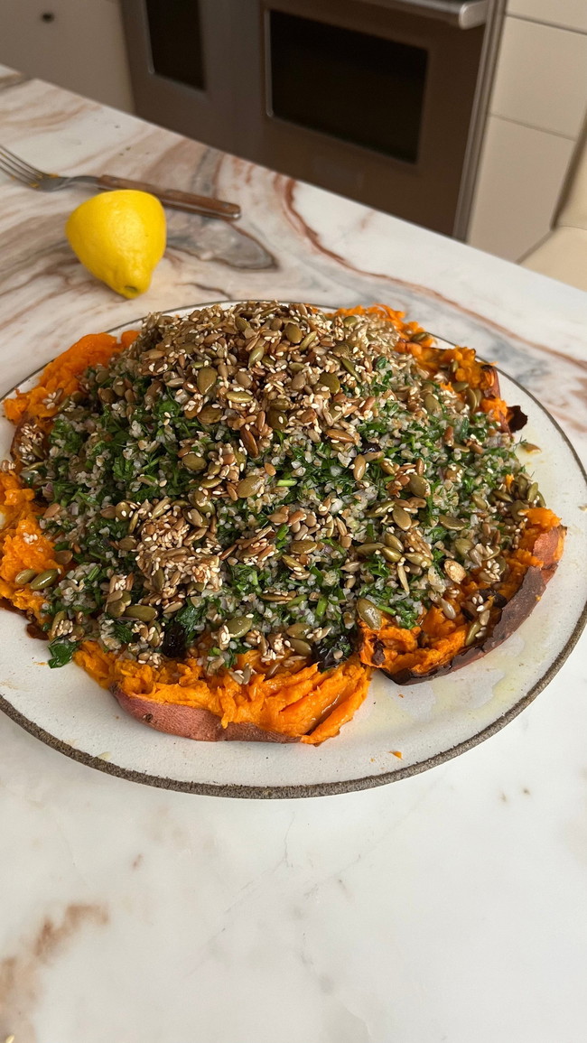 Image of Roasted Sweet Potatoes with Herby Tabouli & Crunchy Seeds