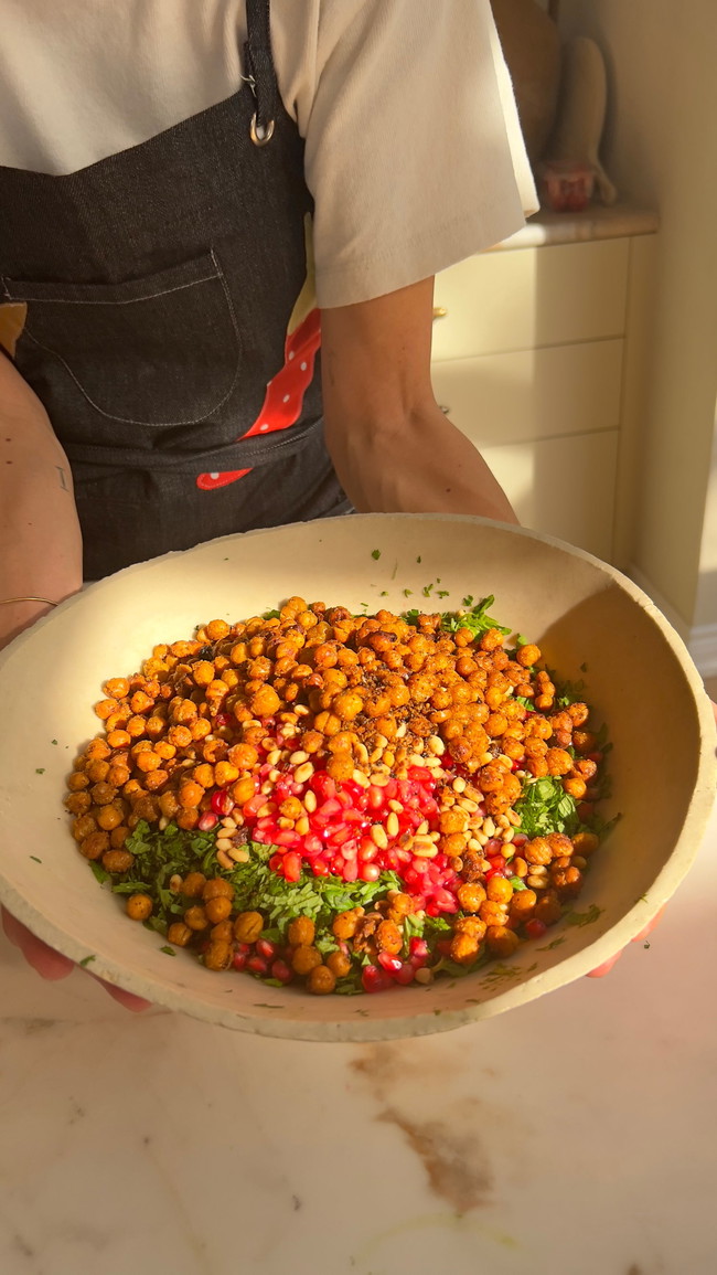 Image of Herb Salad with Pomegranate, Pine Nuts, and Crispy Chickpeas