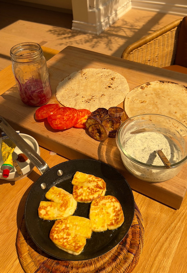 Image of Harissa-fried eggplant and halloumi wraps