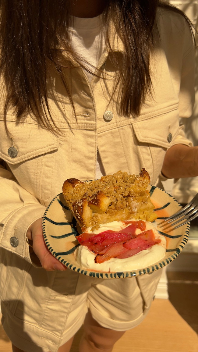 Image of Sesame Crumb Challah French Toast Bake with Roasted Rhubarb & Cream