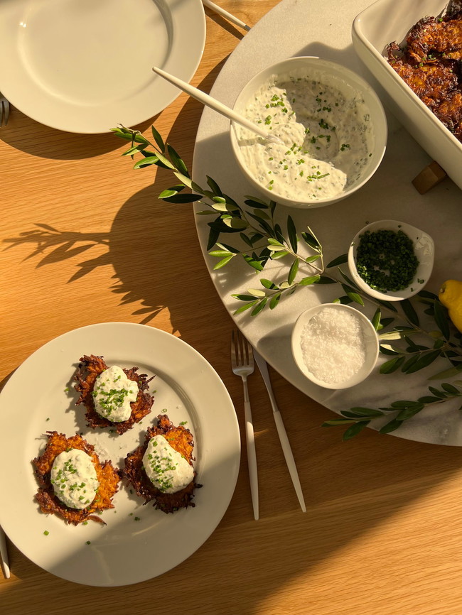 Image of Sweet Potato Latkes with Loaded Chive Sour Cream
