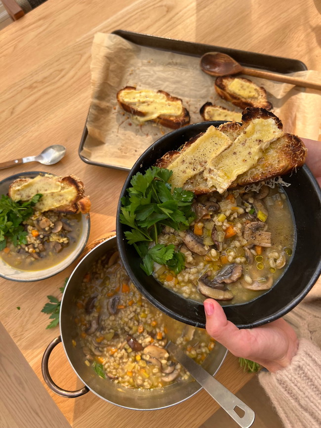 Image of Mushroom Barley Soup with Coriander Cheese Toast