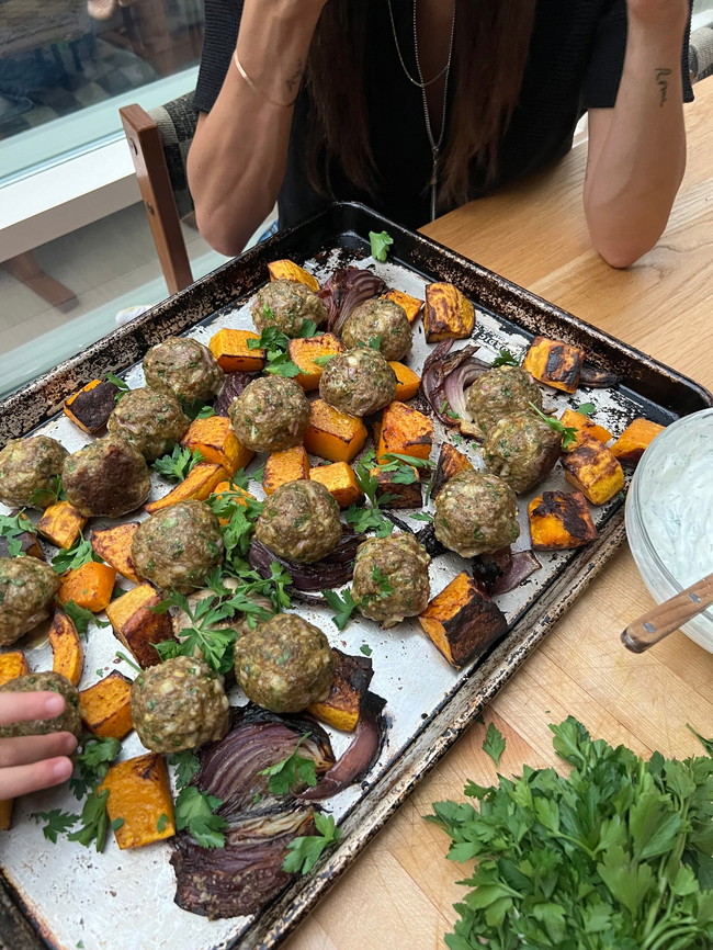 Image of Sheet Tray Herbed Lamb Meatballs with Squash