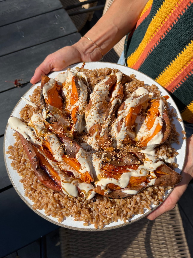 Image of Tahini & Date Sweet potato with Buttery Farro