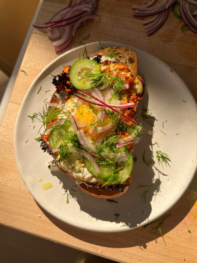Image of Harissa Eggs on Labneh Toast