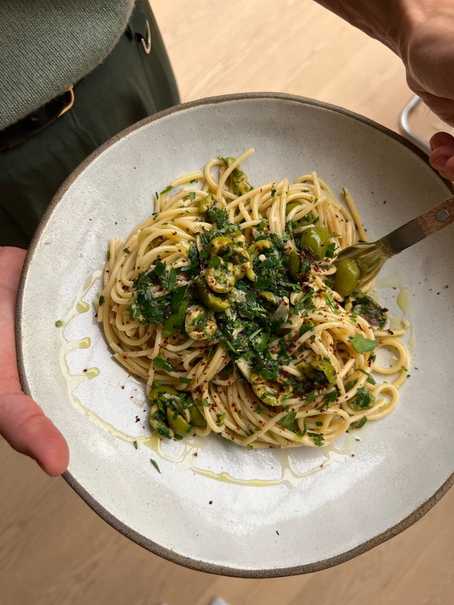 Image of Green Olive Pasta with Chili, Lemon and lots of Parsley