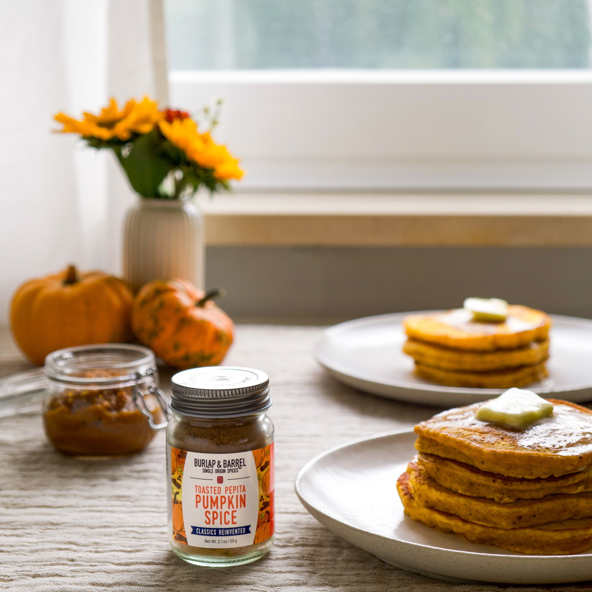 Toasted Pepita Pumpkin Spice Pancakes and Pumpkin Butter