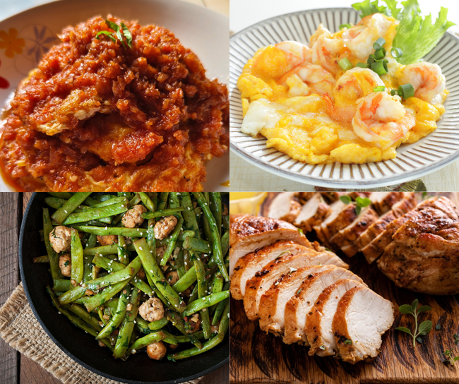 Chinese-style String Beans, Roast Chicken, Shrimp Eggs, Sardine Sambal with Eggs