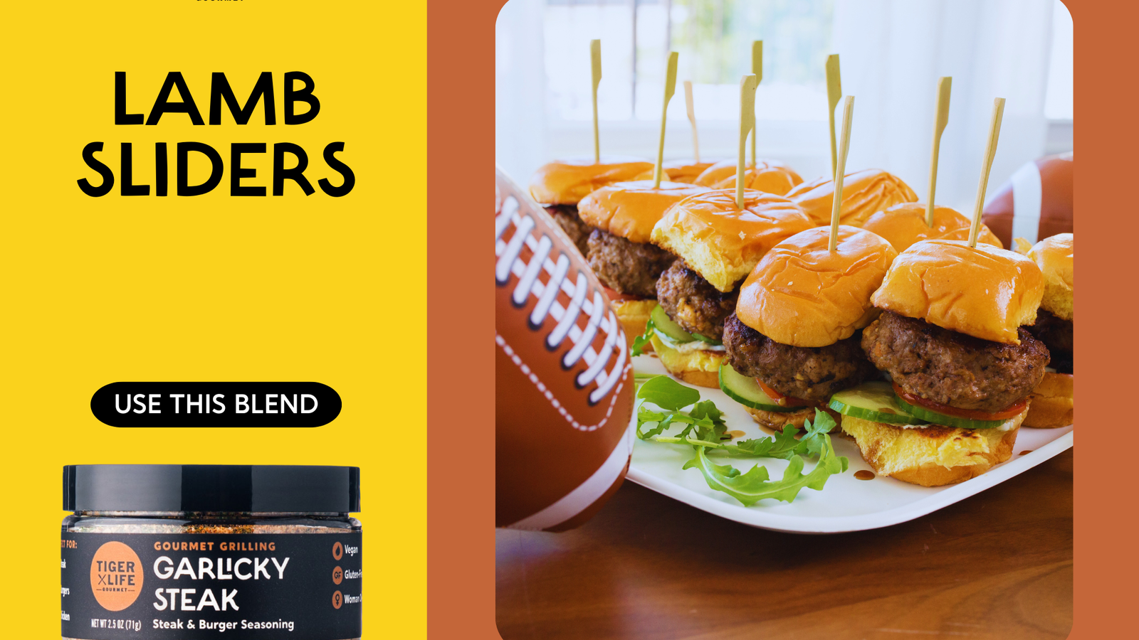 tray of lamb slider with appetizer picks and football