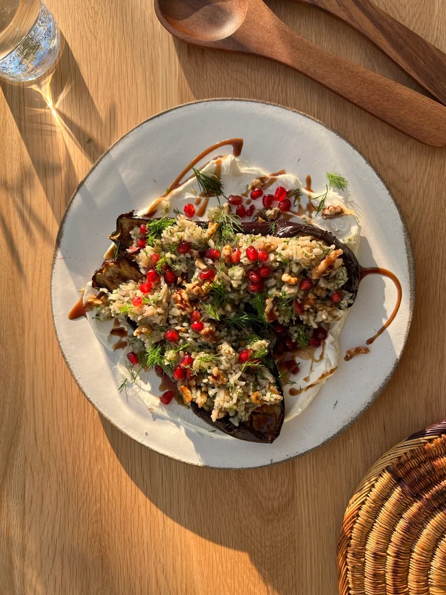 Image of Pomegranate Molasses Roasted Eggplant with Walnut and Dill Rice