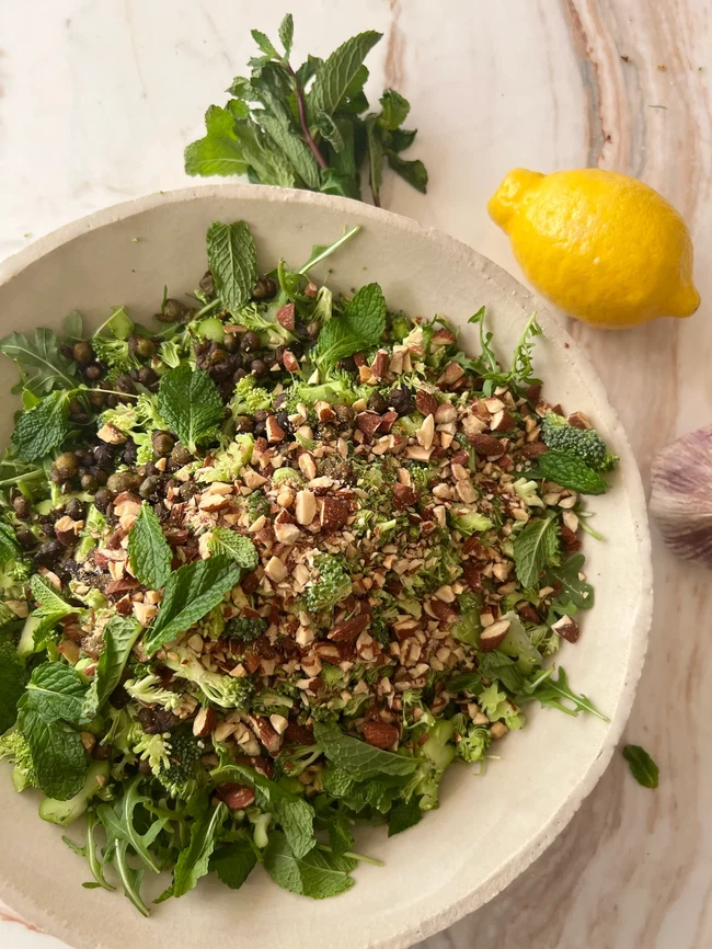 Image of Green Goddess Broccoli Salad with Almonds, Capers and Mint