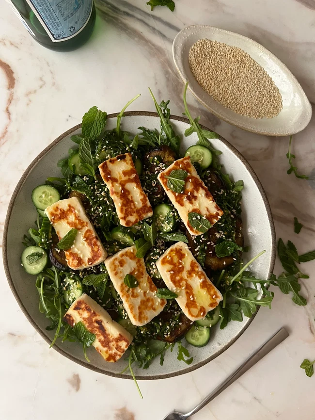 Image of Herby Eggplant Salad with Halloumi and Sesame